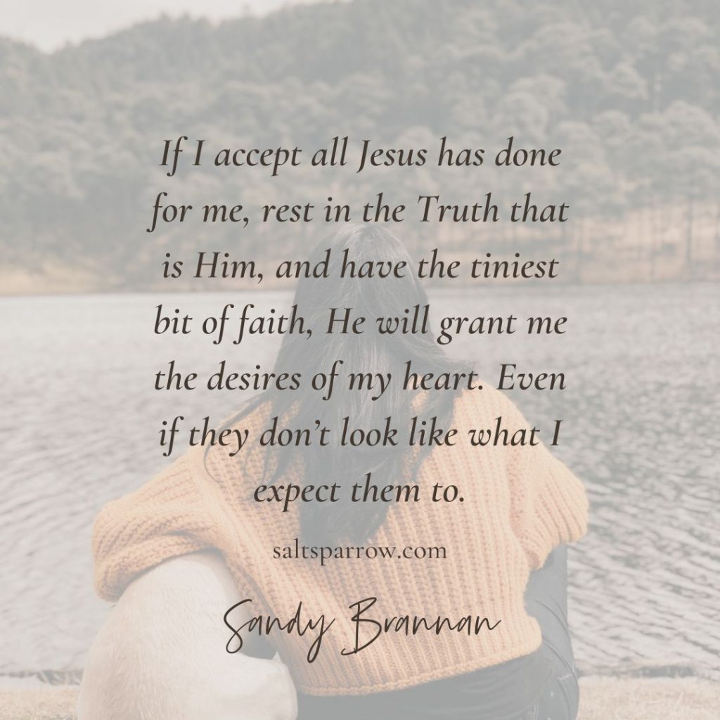 If I accept all Jesus has done for me, rest in the Truth that is Him, and have the tiniest bit of faith, He will grant me the desires of my heart. Even if they don’t look like what I expect them to.