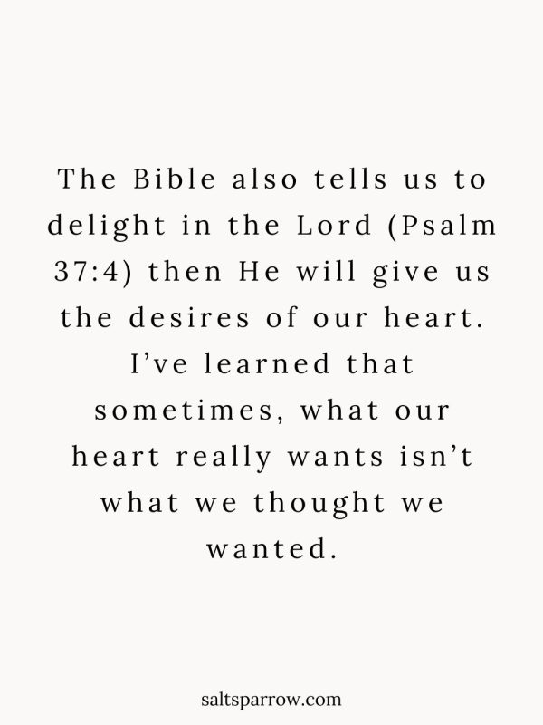 The Bible also tells us to delight in the Lord (Psalm 37:4) then He will give us the desires of our heart. I’ve learned that sometimes, what our heart really wants isn’t what we thought we wanted.